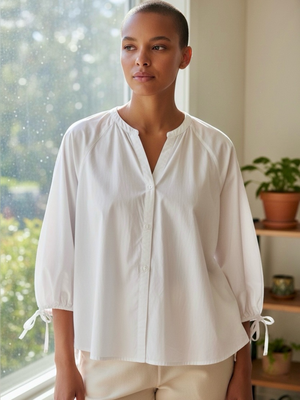 Free Assembly Women’s White Button-Front Blouse with Tie Cuffs